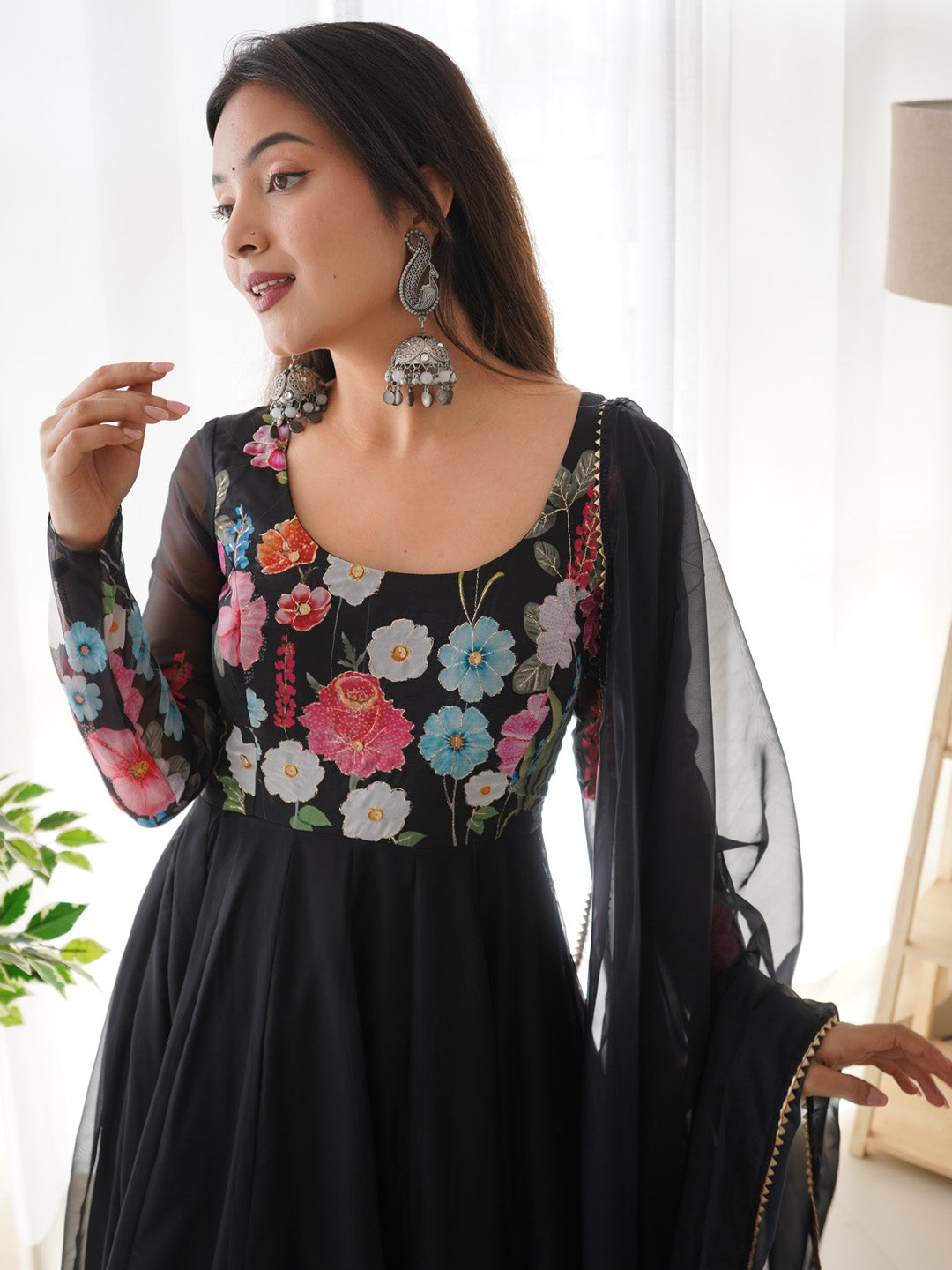 Evanik Black Soft Organza Silk With Floral Print Fully Flared Anarkali Pant With Dupatta Set