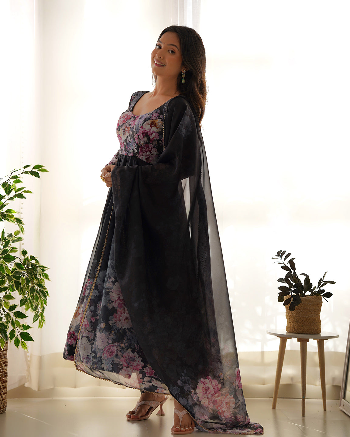 Lorenvalley Fashion Women Pure Soft Organza Silk Floral Print Fully Flair Anarkali With Pent Dupatta Set - Black