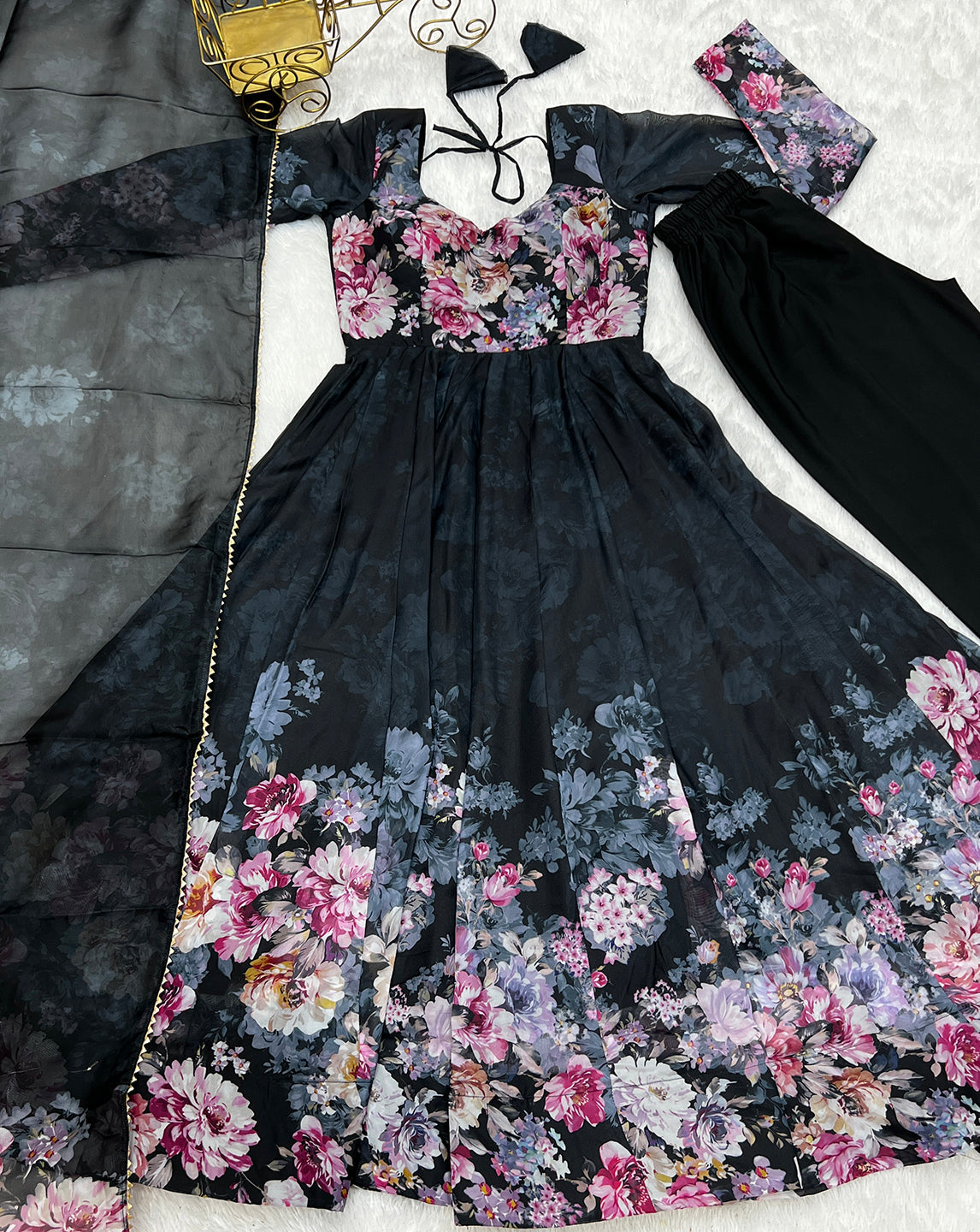 Lorenvalley Fashion Women Pure Soft Organza Silk Floral Print Fully Flair Anarkali With Pent Dupatta Set - Black
