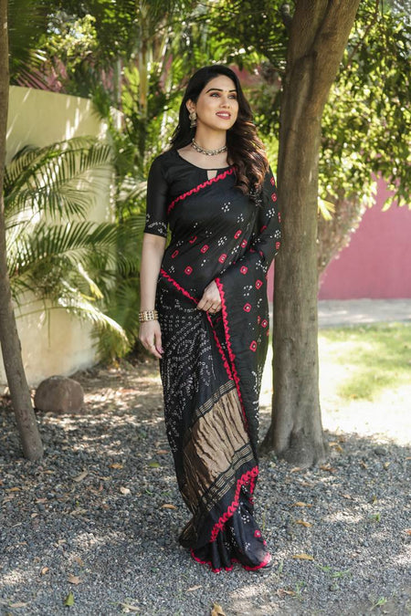 Anaita Black Woven Design Pure Bandhej Silk Saree With Blouse