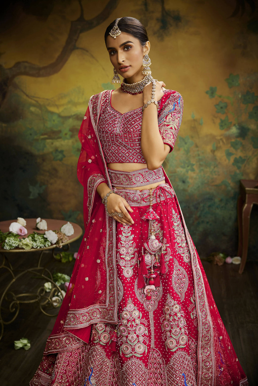 House of Panchhi Red Pure Silk Moti & Zarkan heavy embroidery Lehenga choli & Dupatta