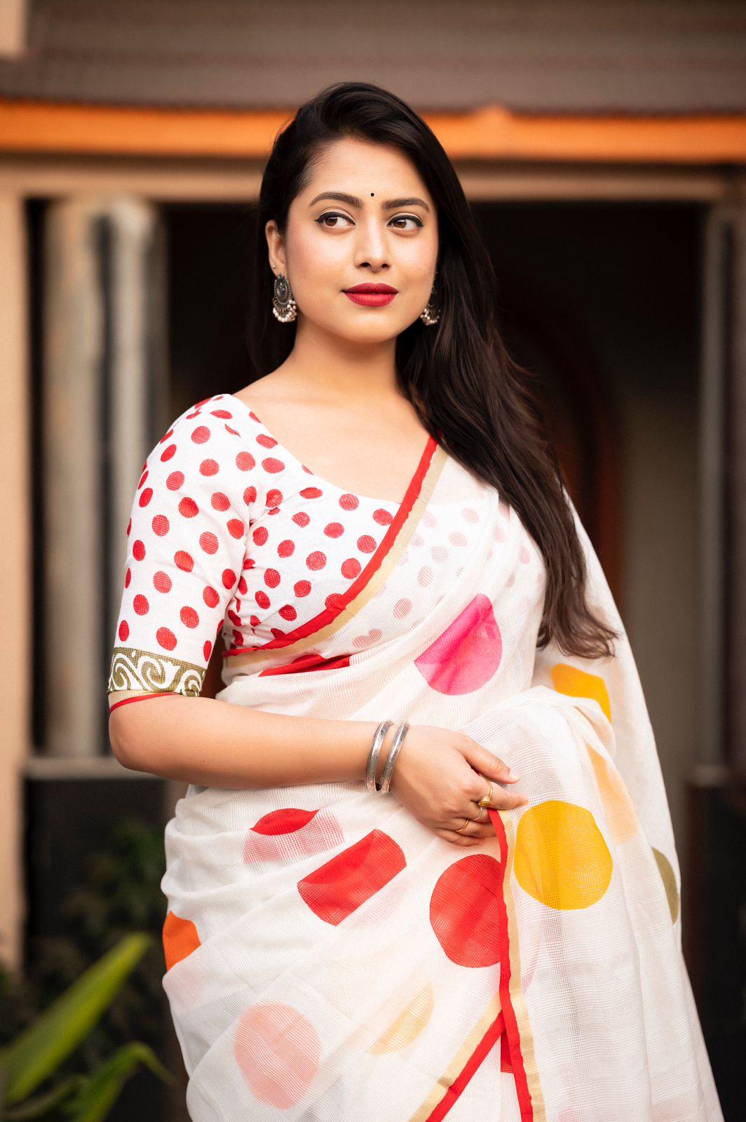 White Kota Silk Printed Saree with Unstitched Blouse - Hiral Fashion