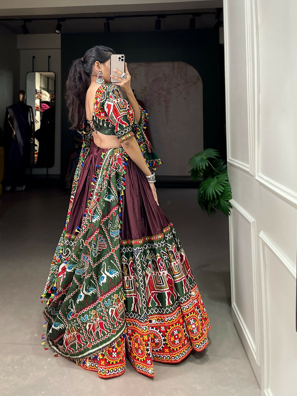 Vastranavya Traditional Patola Print With Gamthi & Mirror Work Lehenga Choli - Brown