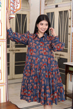 Miravan Women's Blue And Red Animal Print Pure Cotton Loose Fit Tiered A-Line Dress - Distacart