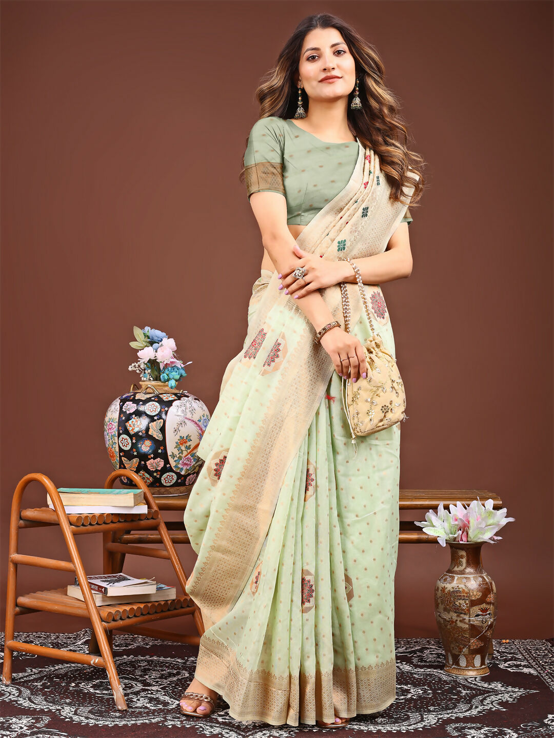 Shree Shyam Fashion Neerja Sea Green Linen Cotton Saree