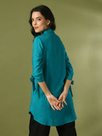 Myshka Women's Turquoise Blue Solid Cotton Longline Party Sheer Tunic