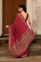 Joban Fashion Hot Pink Crepe Chiffon Banarasi Pure Handloom Banarasi Silk Saree