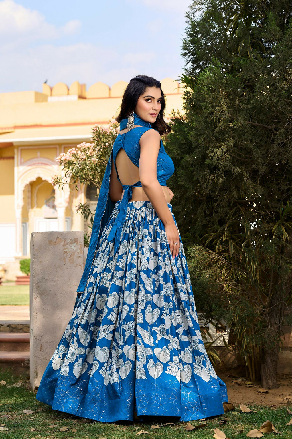 Vastranavya Ethnic Look Tussar Silk Floral Printed With Foil Work Indian Lehenga Choli - Royal Blue