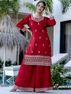 The52 Red Women's Gorgeous Embroidered Vichitra Silk Fabric Straight Kurta, Sharara and Dupatta Set - Distacart