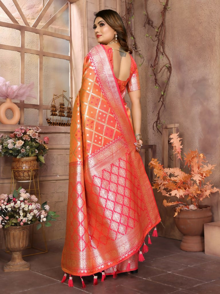 Anaita Orange kochi Silk With Beautiful Checks Weaving Saree With Blouse