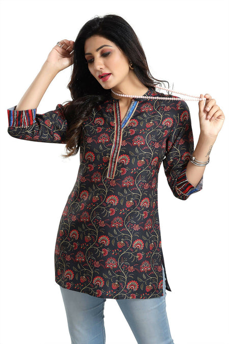 Snehal Creations Blissful Black Rayon Short Kurti Tunic Top