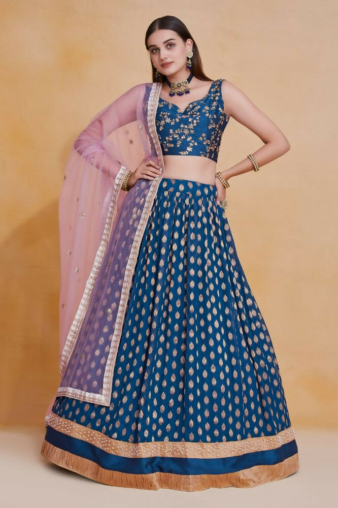 Teal Blue Zari Weaving Work Georgette Banarasi Lehenga Choli - Jihu Culture