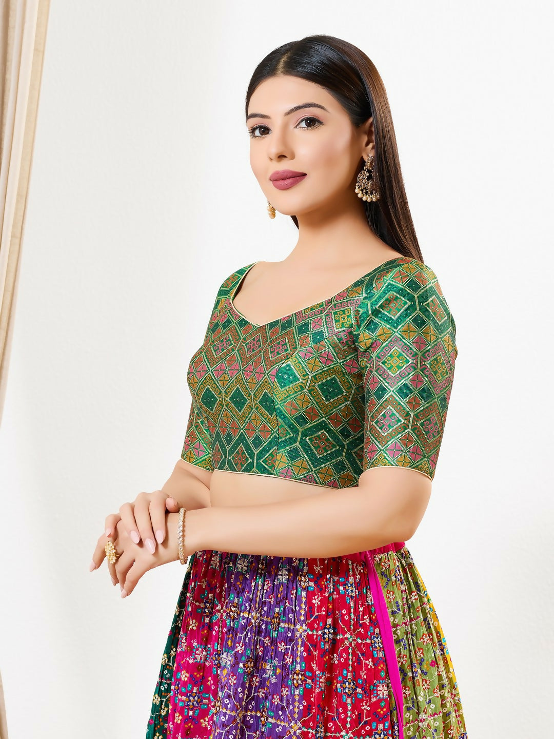 Joban Fashion Green Multi Brocade Padded Blouse With Sweetheart Neck Elbow Sleeves - Distacart