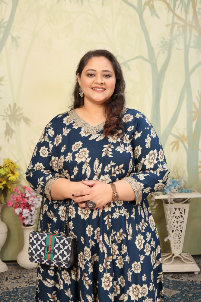Jyoti Fashion Women's Navy Blue Rayon Floral Print with Sequins Designer Anarkali Set