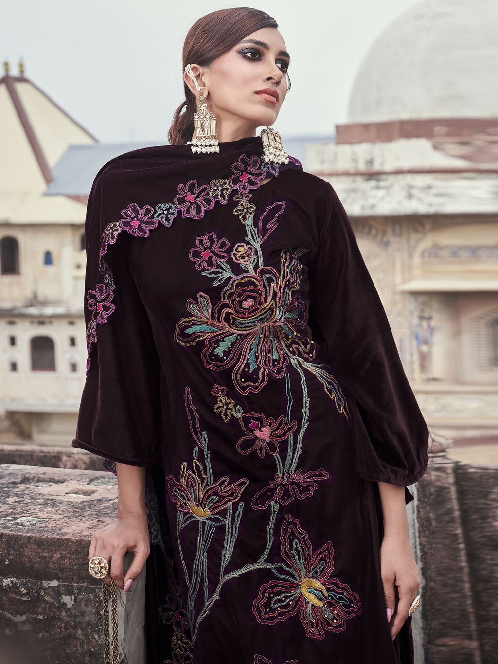Jyoti Fashion Women's Wine Velvet Resham Thread with Jari & Sequin Kurta with Trouser & Dupatta