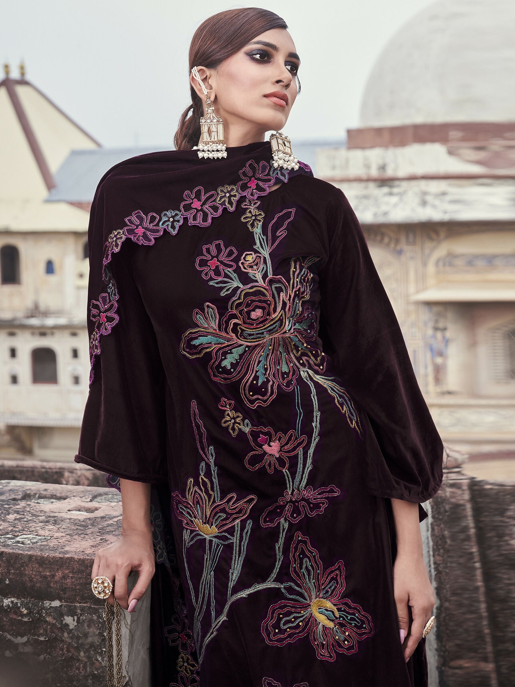 Jyoti Fashion Women's Wine Velvet Resham Thread with Jari & Sequin Kurta with Trouser & Dupatta