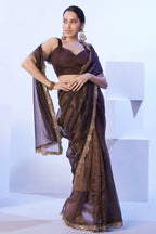 Brown C/H Net Solid Designer & Lace Work Saree - Samaa