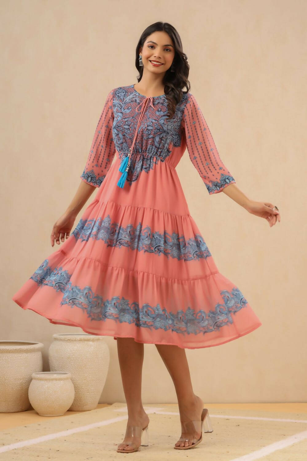Juniper Womens Pink Georgette Printed Tiered Midi Dress - Distacart