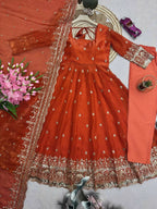 Teeya Creation Orange Fendi Silk Designer Heavy Work Wedding Wear Long Gown
