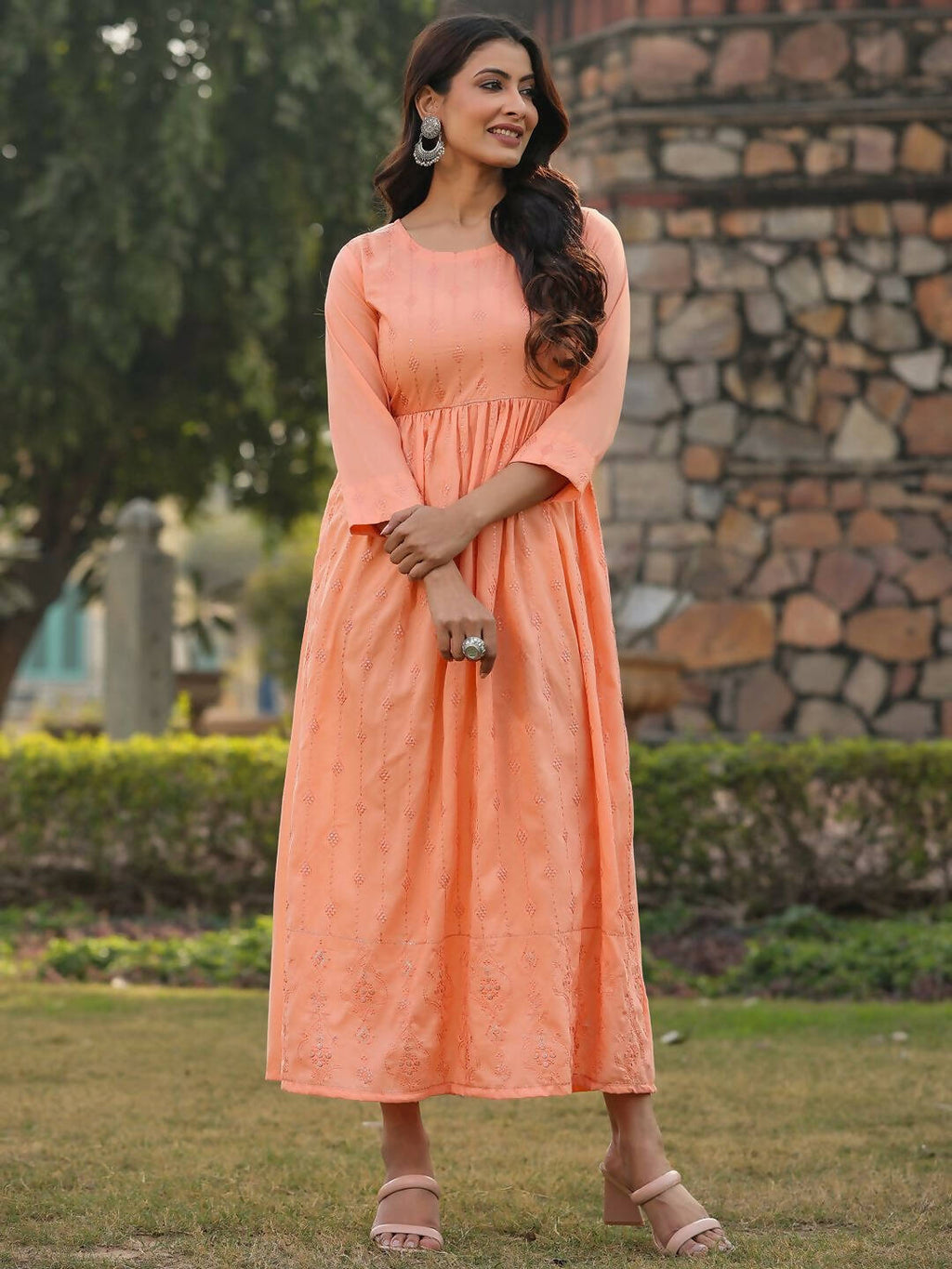 Juniper Women's Peach Festive Embroiderd Flared Dress - Distacart