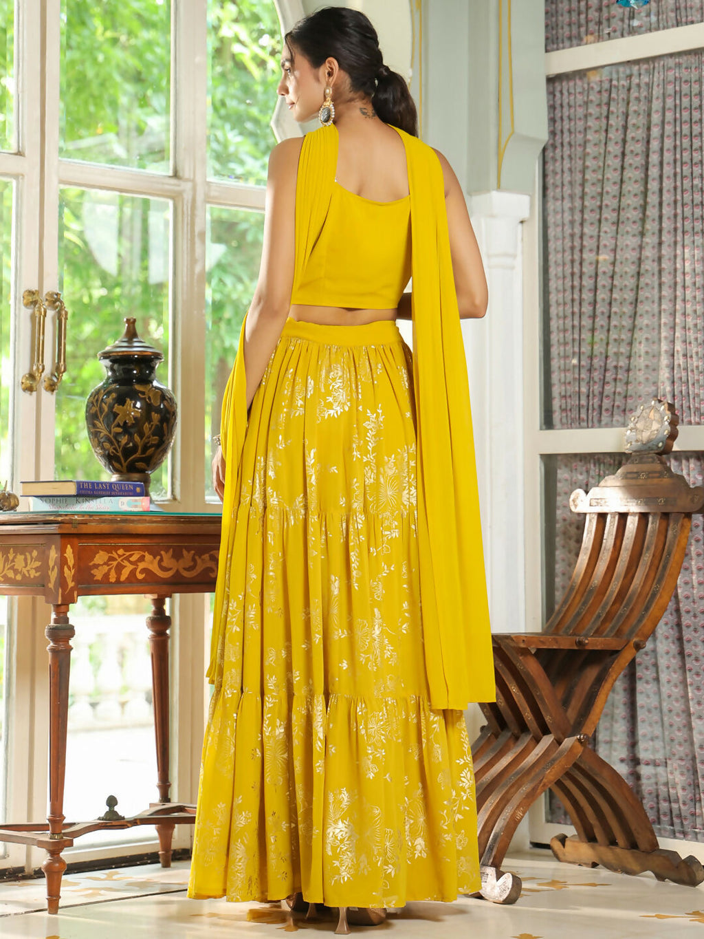 Janasya Yellow Georgette Solid Lehenga Choli Dupatta