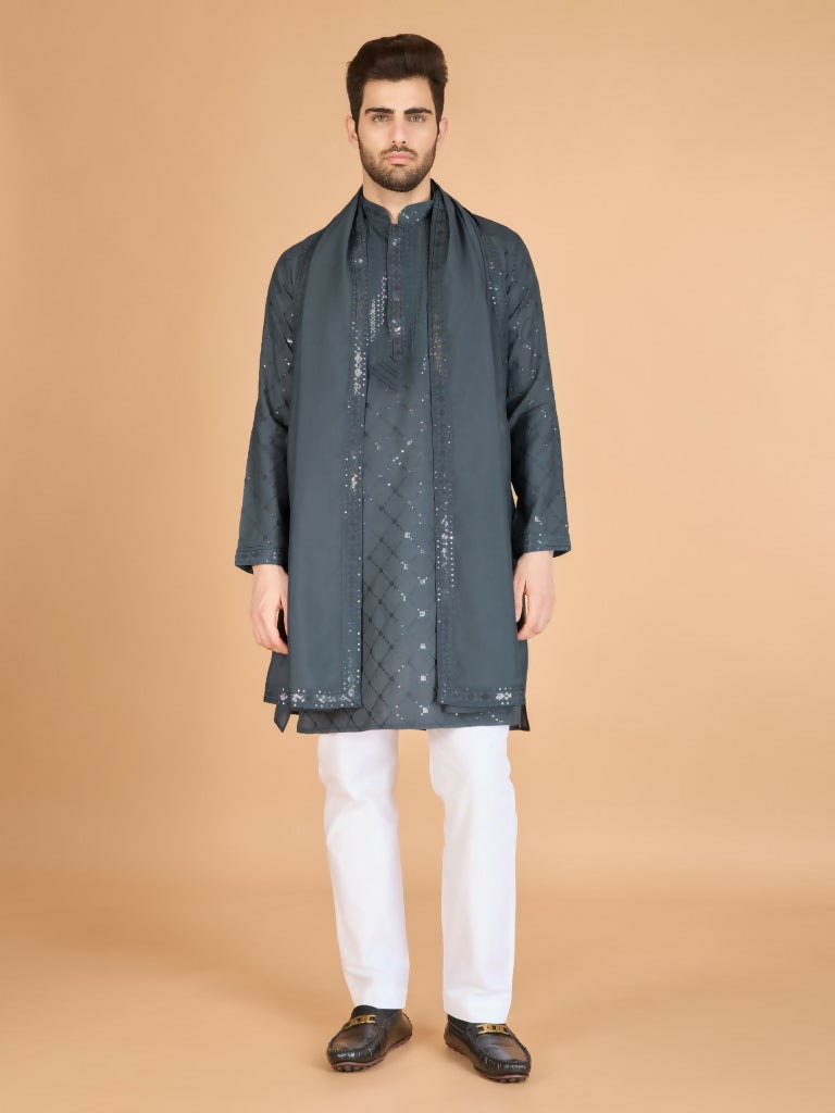 Vastranavya Grey Exclusive Festival Wear Viscose Silk Thread & Sequence Embroidered Work Kurta with Dupatta