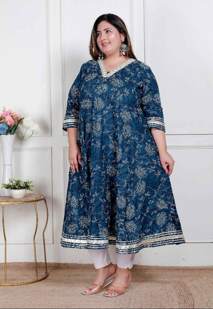Miravan Plus Size Women'S Blue Cotton Embroidered Neck Anarkali Kurta - Distacart