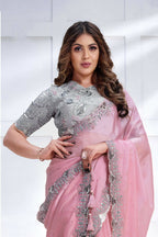 Pink Crepe satin silk Cord & Sequence Embroidered with Stone work Saree - Mohmanthan Majestica - Distacart