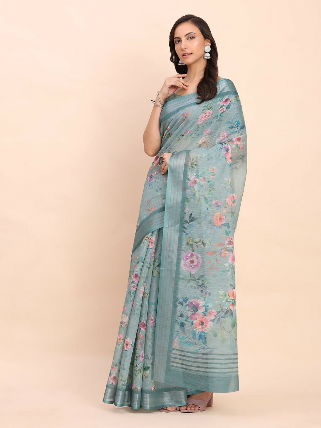 Shree Shyam Fashion Linen Cotton Sea Green Saree - Distacart