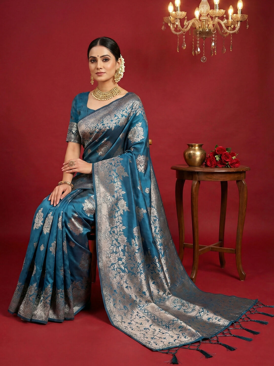 Shree Shyam Fashion Teal Blue Silk Blend Saree - Distacart