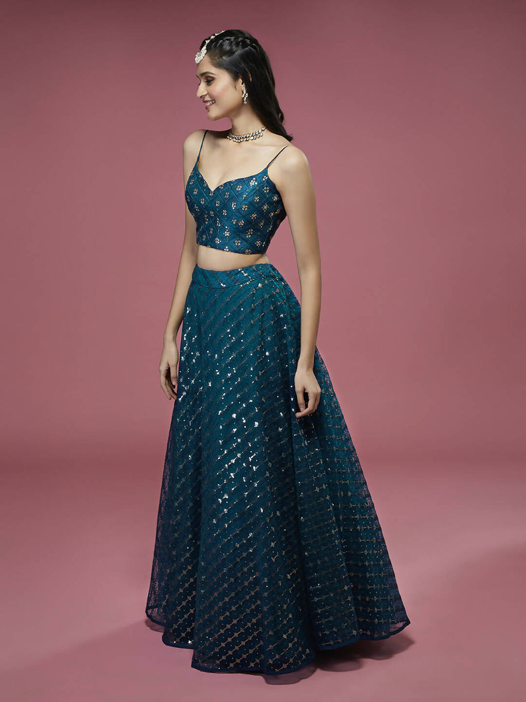 House of Panchhi Teal Net Sequinse Embroidered Lehenga & Blouse with Dupatta