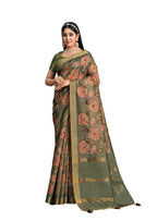 Coffee Mustard Tusser Silk Floral Printed With Embroidered Work Saree With Unstitched Blouse - Mohmanthan Aahana