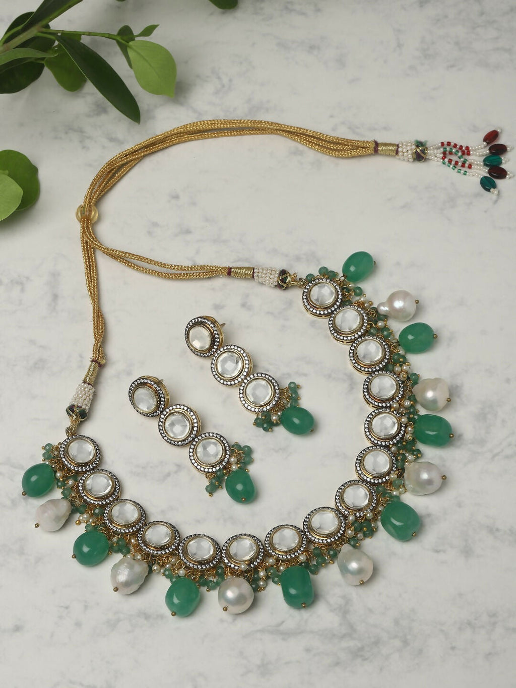 Maharani Green Stone & Kundan Neckpiece with Earrings- Ruby Raang