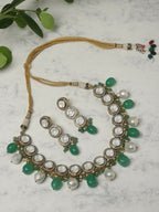 Maharani Green Stone & Kundan Neckpiece with Earrings- Ruby Raang