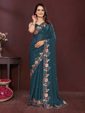 Ai Fashion Teal Soft Star Georgette Embroidery Party Wear Saree - Distacart