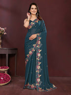 Ai Fashion Teal Soft Star Georgette Embroidery Party Wear Saree - Distacart