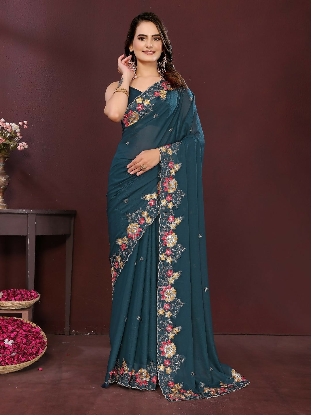 Ai Fashion Teal Soft Star Georgette Embroidery Party Wear Saree - Distacart