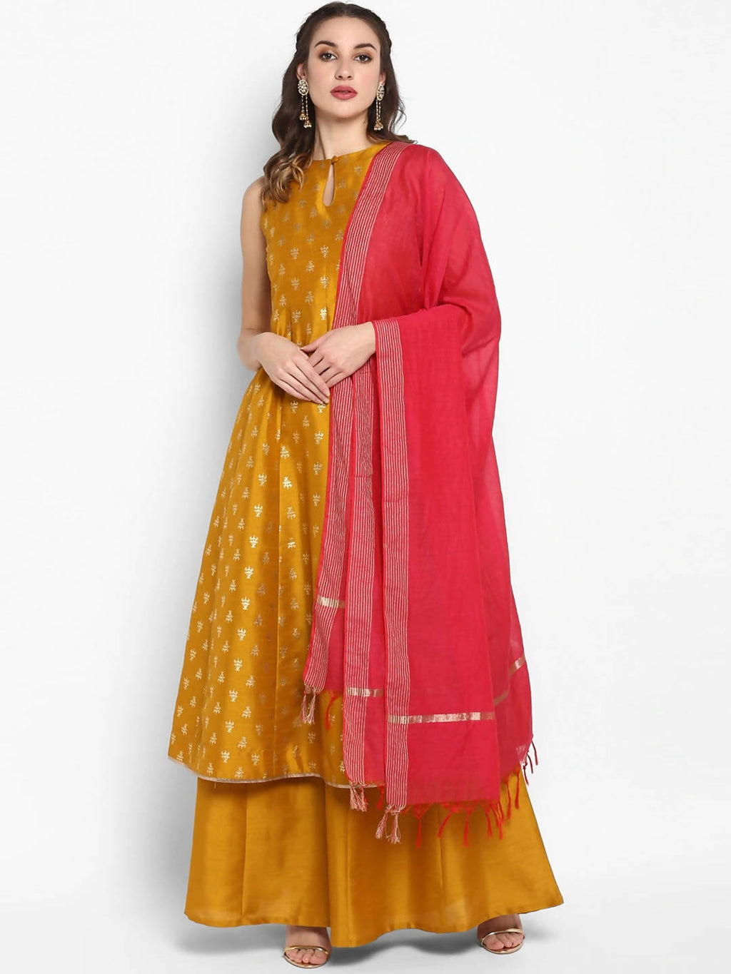 Janasya Mustard Yellow Printed Kurta with Palazzos & Dupatta - Distacart