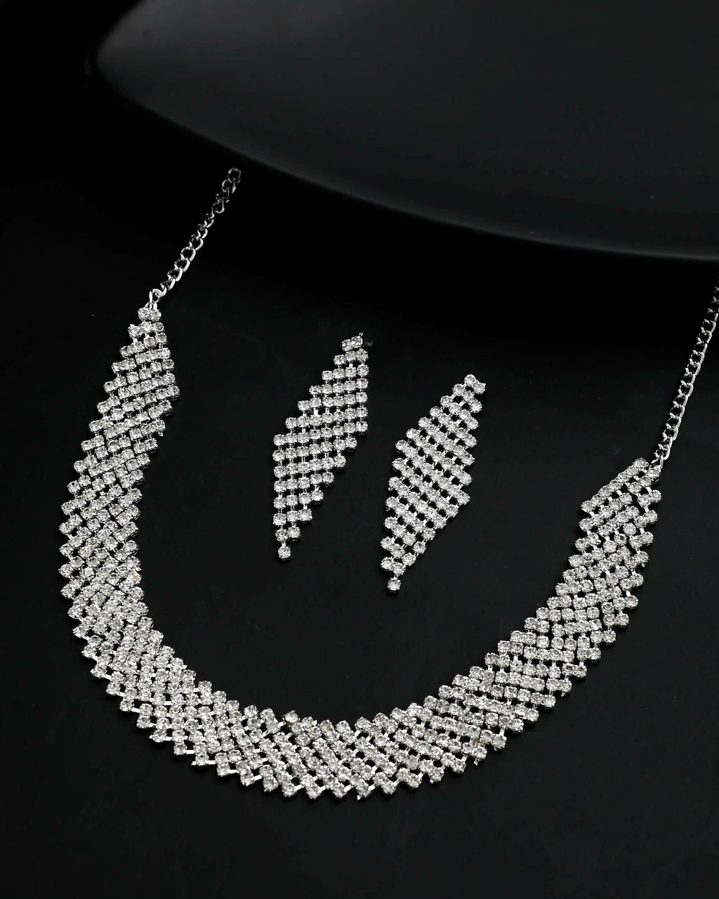 VOJ Silver Plated AD Studded Choker And Earrings Set