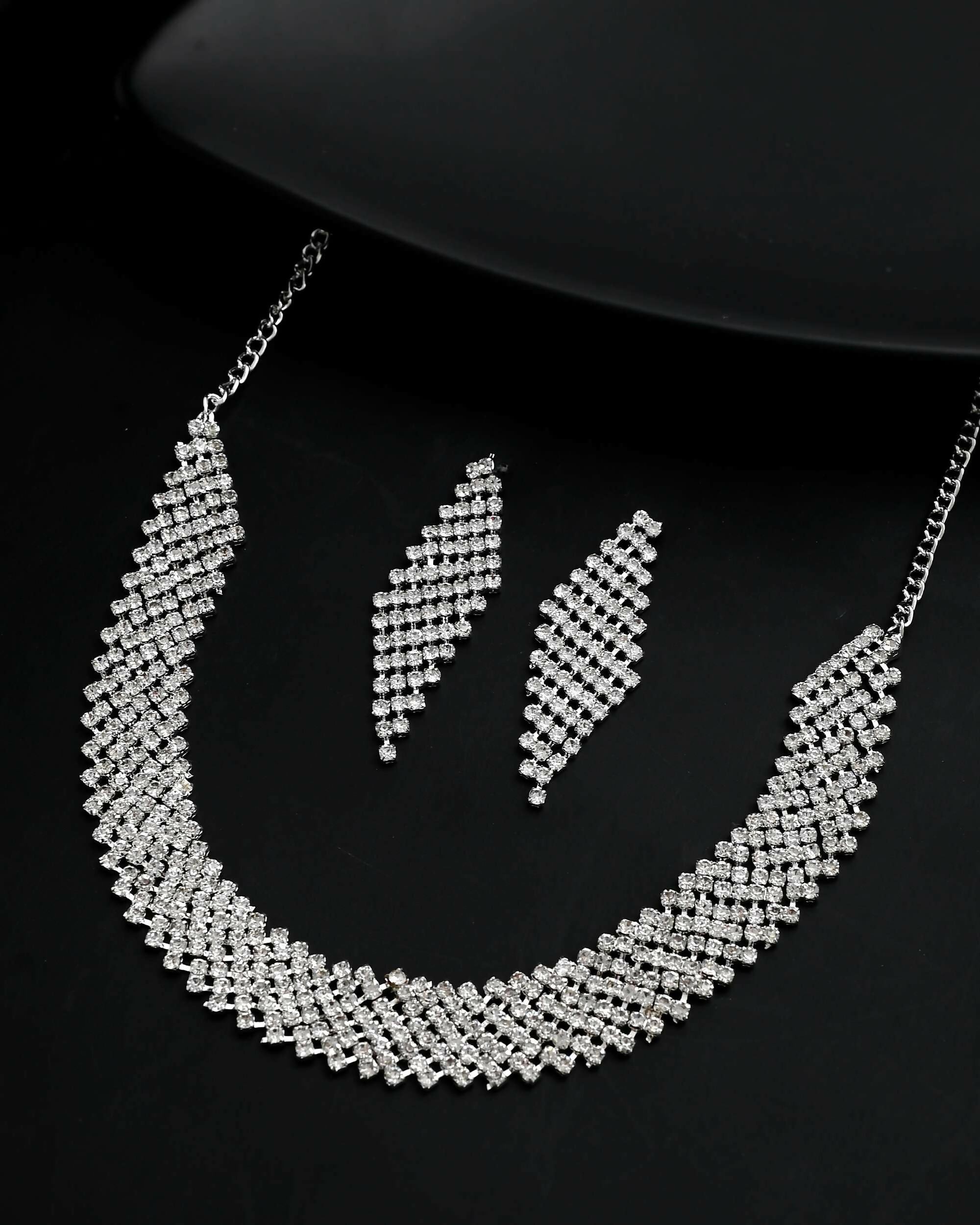VOJ Silver Plated AD Studded Choker And Earrings Set