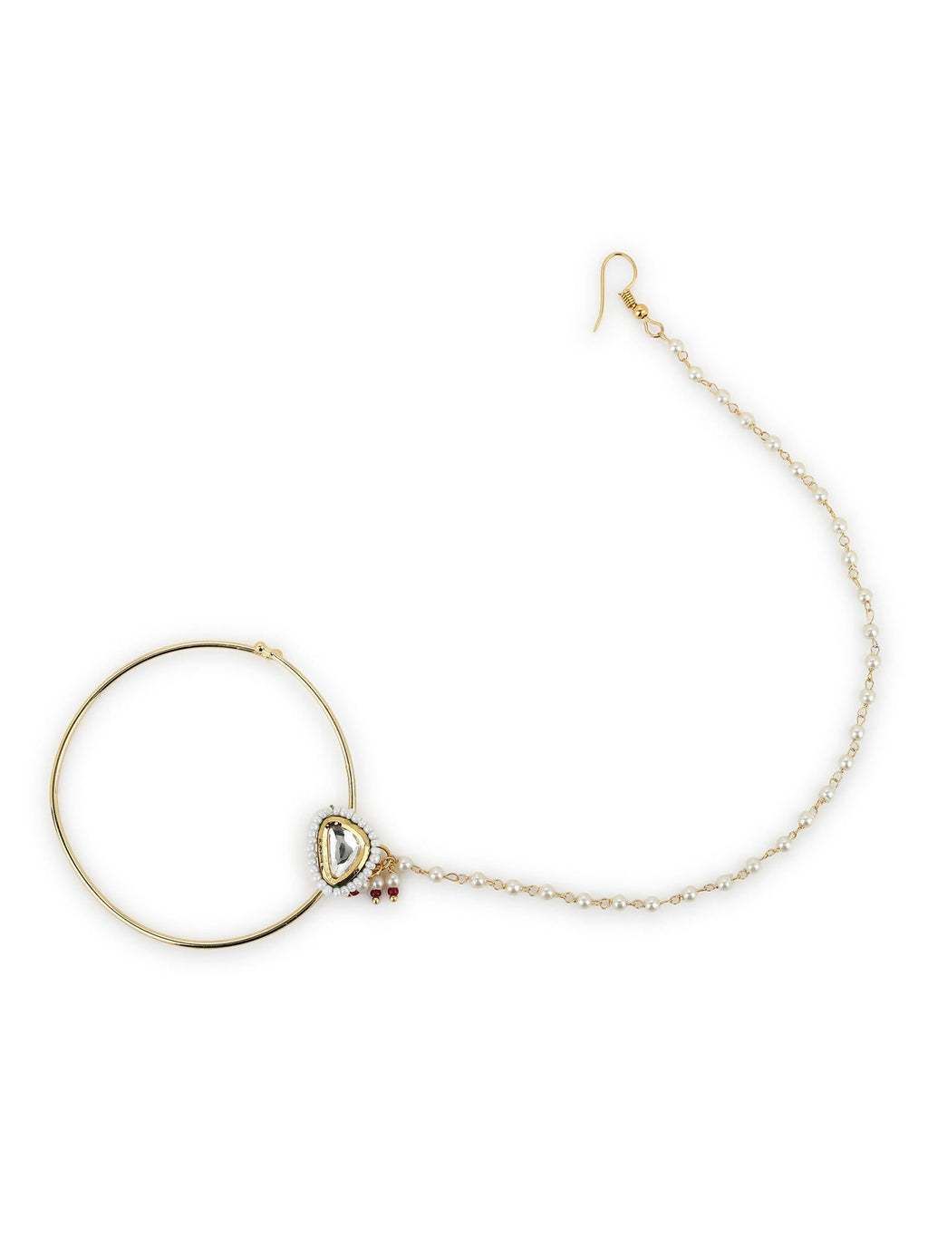 Gold Plated White Kundan Studded Nose Pin With Beaded Extension - Ruby Raang - Distacart