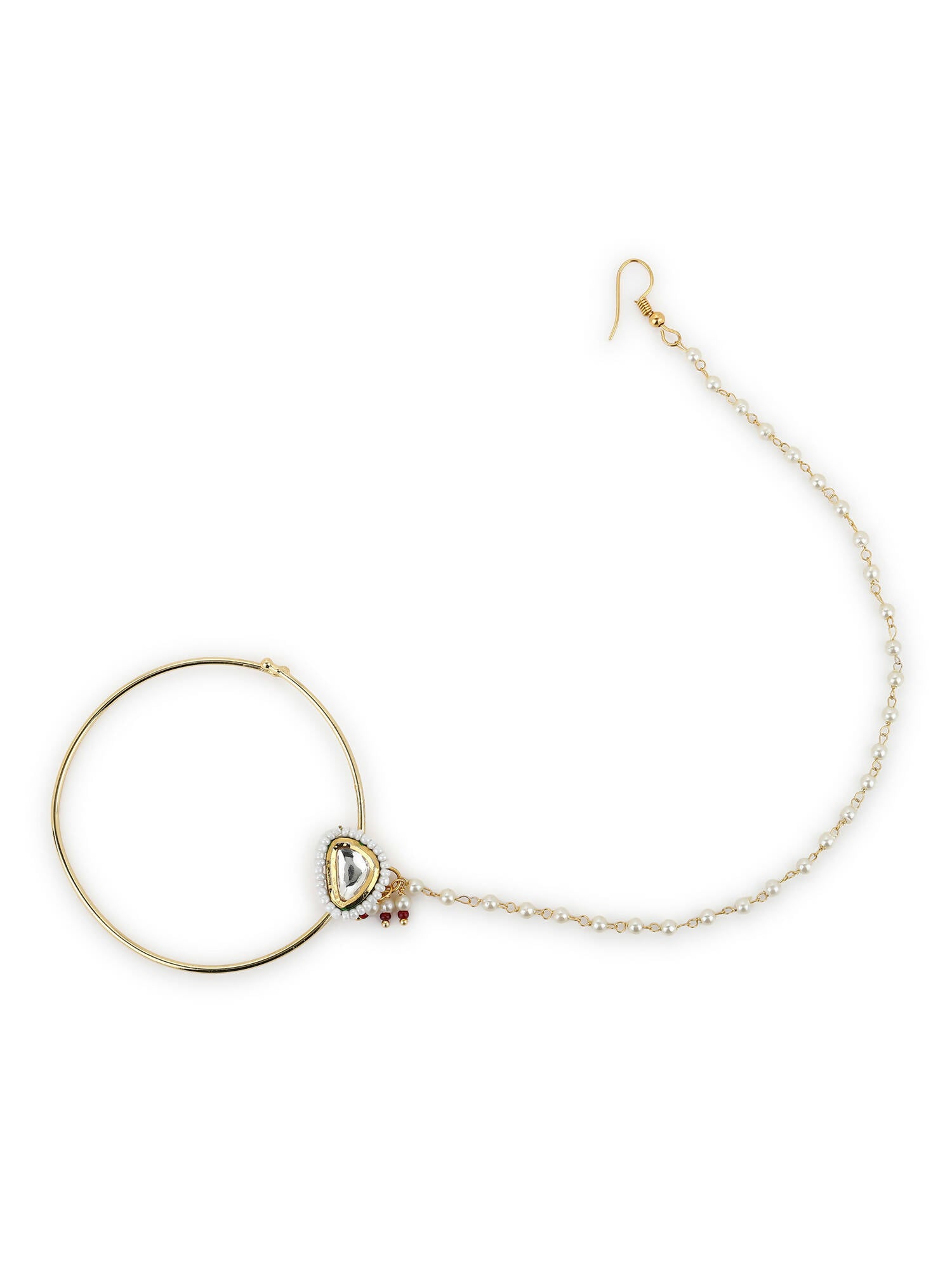 Gold Plated White Kundan Studded Nose Pin With Beaded Extension - Ruby Raang - Distacart