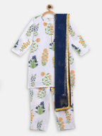 Ahalyaa White Cotton Straight Floral Printed Kids Kurta Pant Sets With Dupatta For Girls