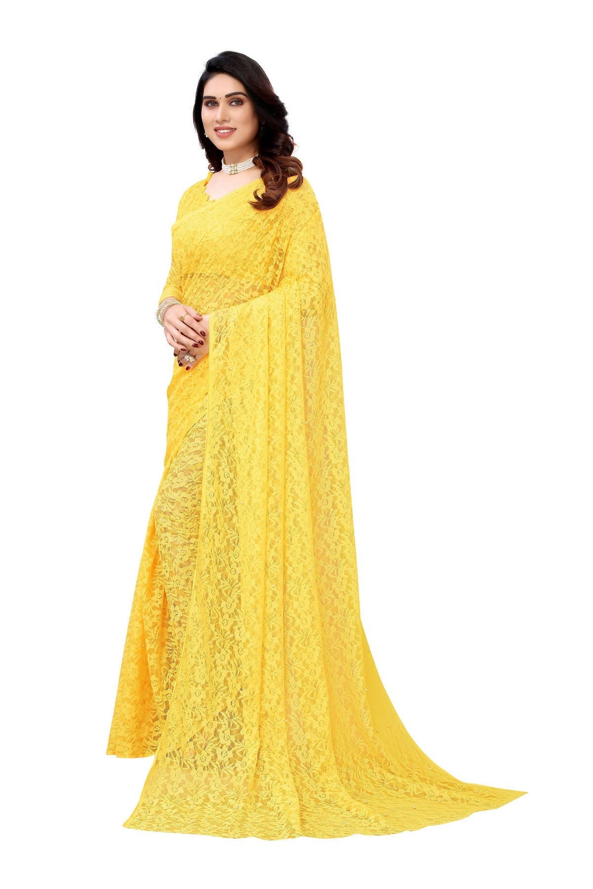 Vamika Ethnic Fire Yellow Pearls Net Saree