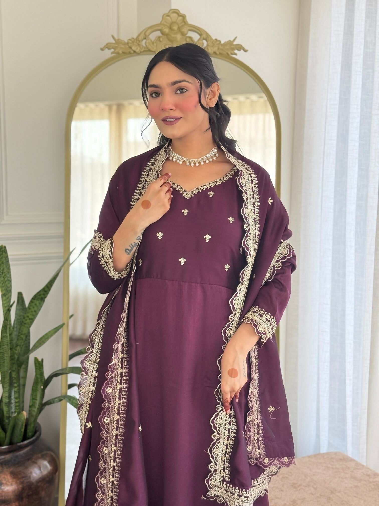 The52 Wine Women's Gorgeous Vichitra Silk Fabric Embroidered Work Flared Anarkali Pant and Dupatta Set - Distacart