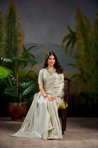 Vastranavya Off White Kanjivaram Zari Weaving Work Saree with Unstitched Blouse
