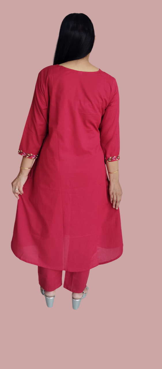 Jaitra Apparels Women Embroidered Pure Cotton Kurta Pant Set(Red) - Distacart
