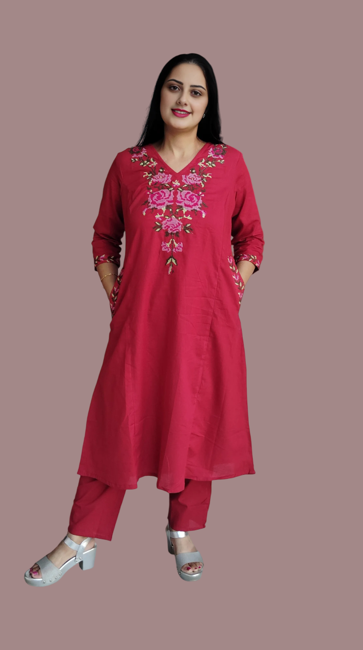 Jaitra Apparels Women Embroidered Pure Cotton Kurta Pant Set(Red) - Distacart