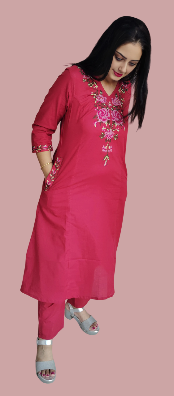 Jaitra Apparels Women Embroidered Pure Cotton Kurta Pant Set(Red) - Distacart