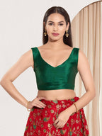 Joban Fashion Bottle Green Mulberry Silk Padded Blouse With Round Neck Sleeveless - Distacart